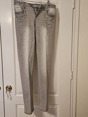 INC International Concepts Light Gray Skinny Jeans with Rhinestone Accents